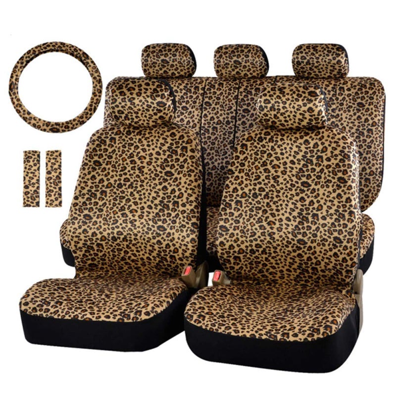 AUTOFAN Leopard Car Seat Covers Full Set with Steering Wheel Cover 2 Seat Belt Pads, Cheetah Print Seat Covers for Cars for Women,Airbag Compatible,Universal Fits for Cars,SUV,Truck - Image 1
